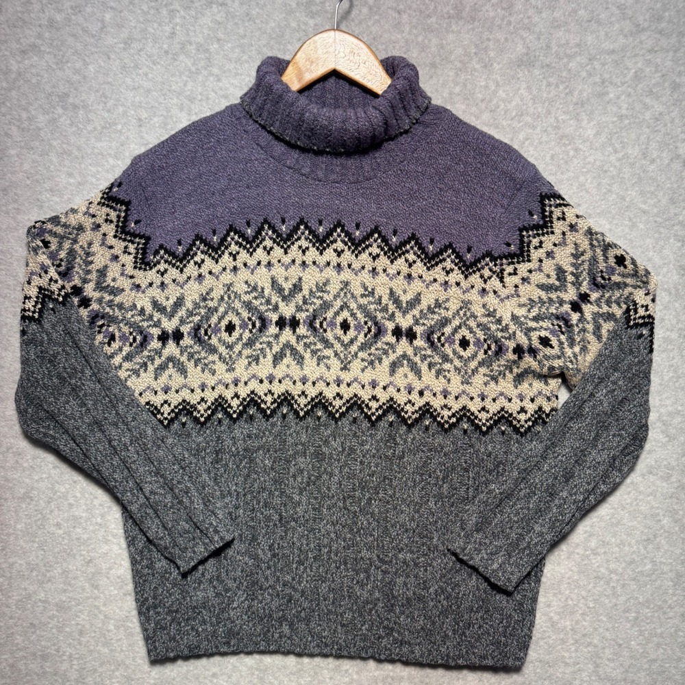 Kathy Ireland Womens Fair Isle Turtleneck Sweater Purple Grey Geometric Knit USA
